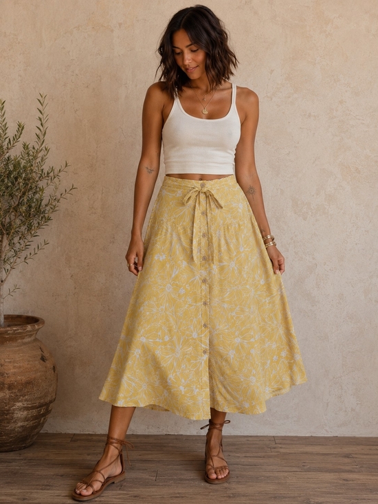 Dresses & Skirts - Yellow Linen Blend Floral Tie-Waist Midi Skirt